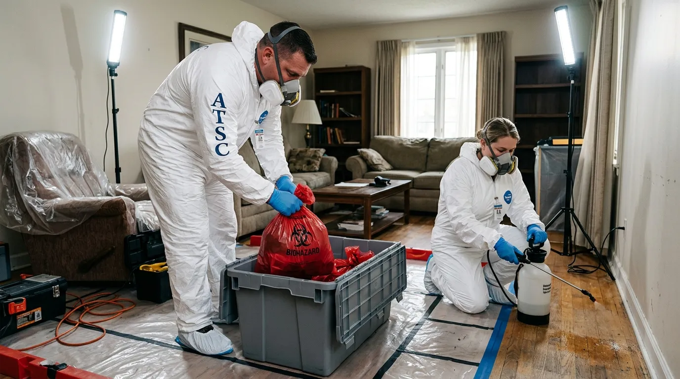 Professional Biohazard Cleanup technician in full PPE working in Lynnfield